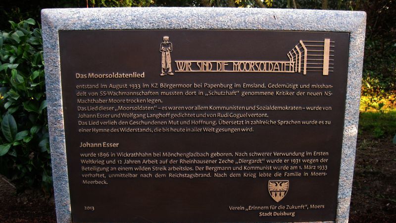 Gedenkstein für Johann Esser auf dem Friedhof Rheinhausen-Trompet